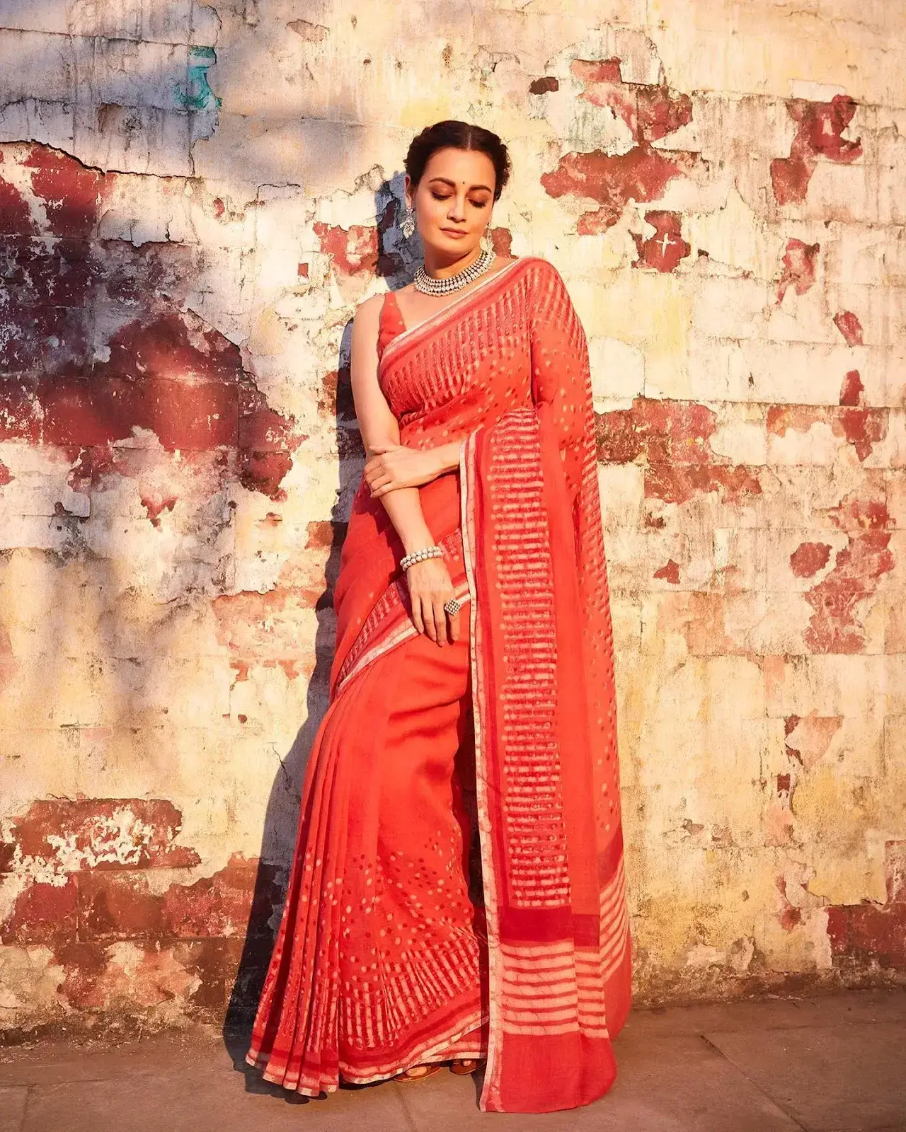 Indian Actress Dia Mirza Images In Traditional Red Saree